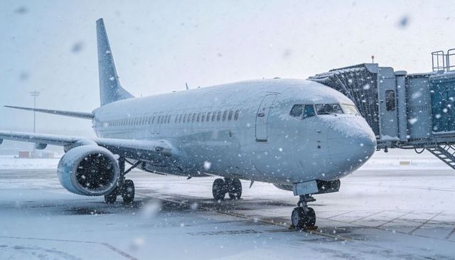 Snow-covered narrow-body airliner sitting at gate with jet bridge during heavy winter snowfall