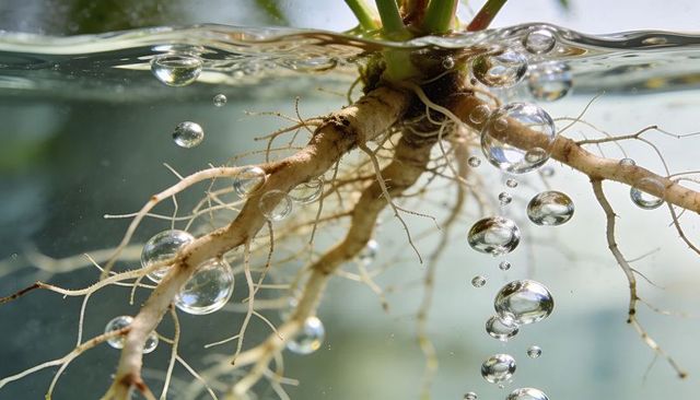 Submerged plant roots producing air bubbles in clear water macro close-up