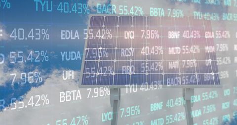 overlay of solar panels with stock market data illustration - Download Free Stock Images Pikwizard.com