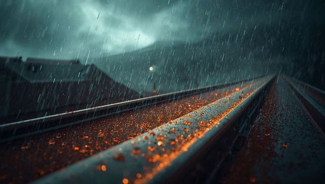 Moody Cinematic Railway Tracks with Raindrops Converging Toward Mountains