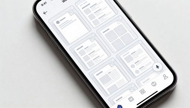 Smartphone displaying app wireframe grid with microphone icon and metal frame