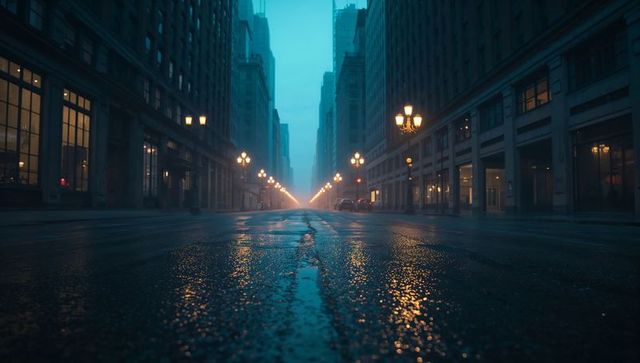 Cinematic wet urban avenue at twilight reflecting ornate street lamps and misty horizon