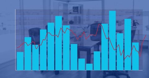 Semi-Transparent Cyan Bar Chart With Red Trend Line Overlaid On Corporate Boardroom Table