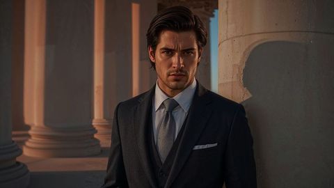 Elegant prosecutor man leaning on classical columns at sunset