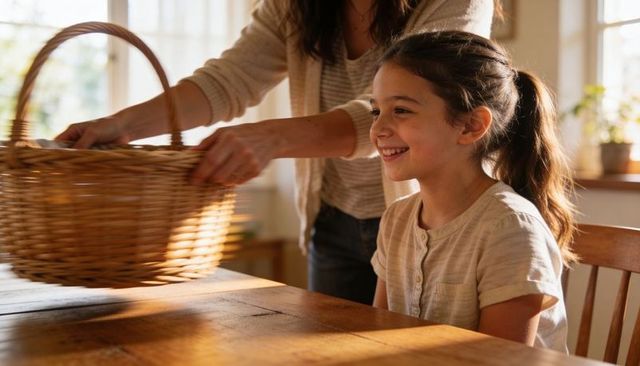 Parent placing wicker basket while girl smiling at sunlit kitchen table