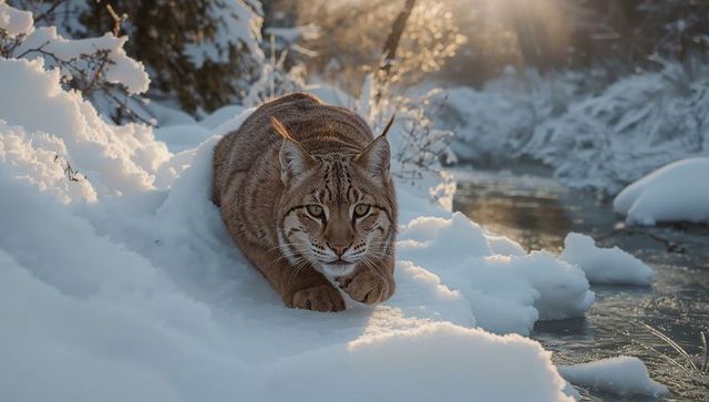 Crouching eurasian lynx stalking snowy stream under warm alpenglow at golden hour
