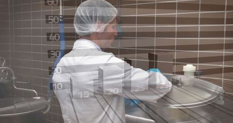 Technician Inspecting Industrial Vat with Graph Overlay