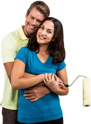 Transparent Couple Embracing with Paint Roller in Hand