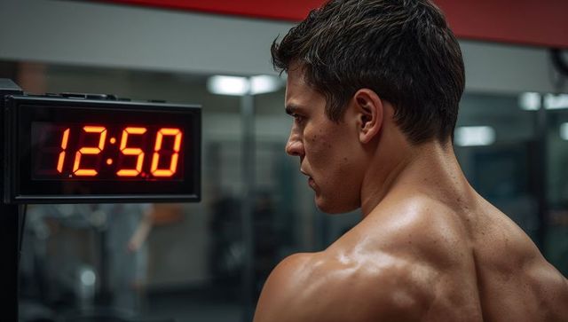 Intense workout focus muscular man showing sculpted back and shoulders in gym with red led timer 12: