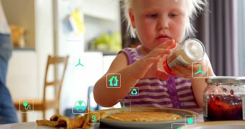 Curious toddler dining with pancakes in rustic kitchen