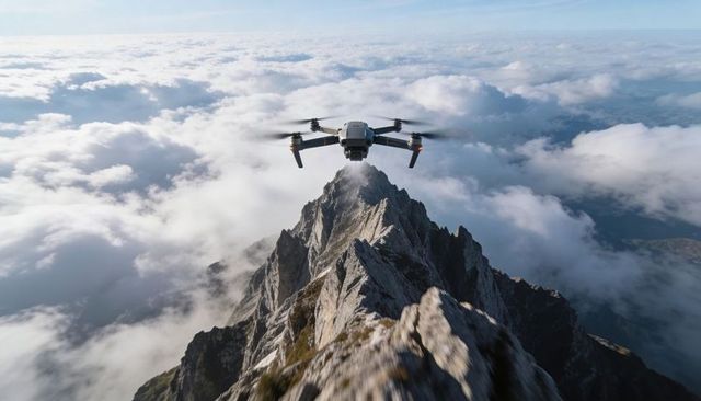Compact quadcopter hovering above jagged alpine ridge with spinning propellers and gimbal