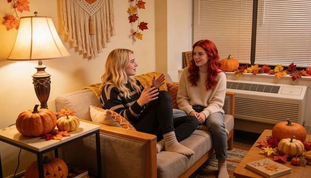 Friends chatting on cozy autumn sofa surrounded by pumpkins and warm lamp light