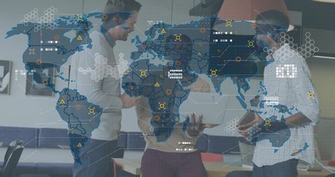 Business team collaborating over tablet with global network and data visualization overlay