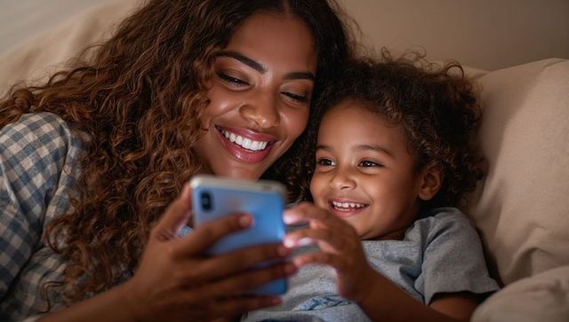 Smiling mother and daughter cuddling on couch, sharing smartphone and bedtime laughter