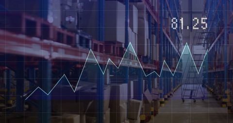 Financial data overlay on warehouse environment symbolizing business growth