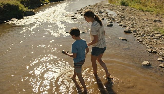 Mother and son wading sunlit creek collecting rocks, summer family outdoor exploration