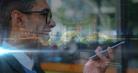 Happy Businessman Using Smartphone with Financial Graph Overlay