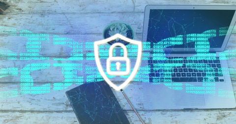 Cyber Security Lock Icon Overlaying Laptop on Wooden Desk - Download Free Stock Images Pikwizard.com