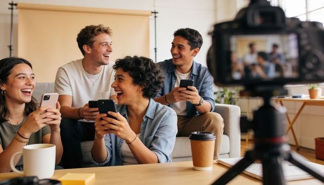 Young creators recording content laughing and collaborating with smartphones and dslr