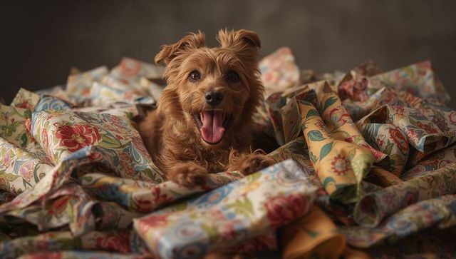 Cheerful Terrier Enjoying Festive Floral Wrapping Chaos