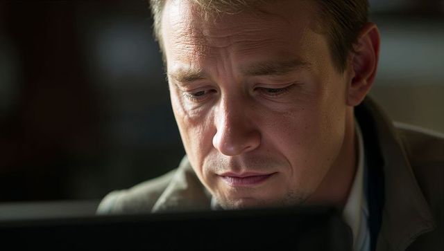 Introspective Man Leaning Toward Laptop Screen at Office Desk Closeup Portrait