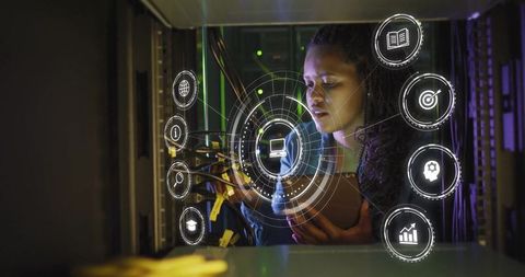 Technician Inspecting Network Connections with Digital Interface