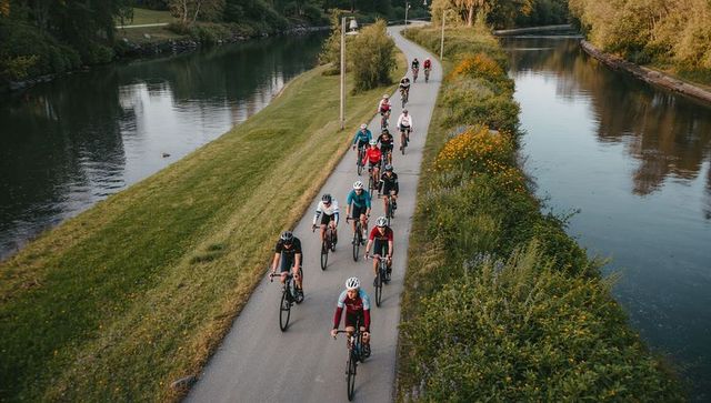 Group of cyclists riding on scenic riverside path