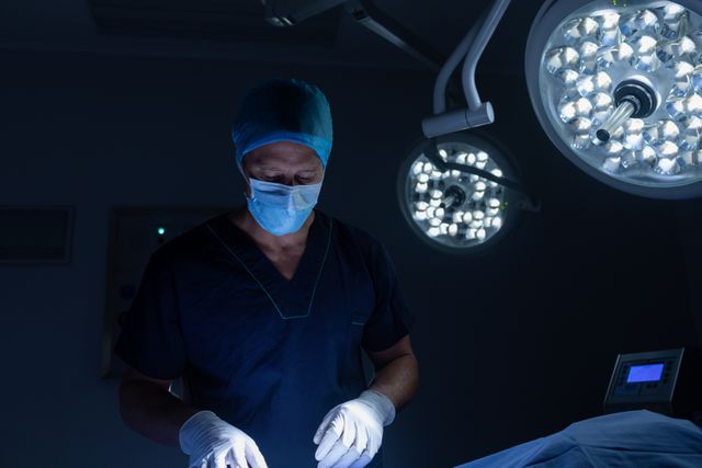 Male surgeon in scrubs and mask performing a surgical operation in a dimly lit operating room. Surgical lights illuminate the scene, highlighting the precision and care involved in the procedure. Ideal for use in medical articles, healthcare promotions, surgical training materials, and hospital advertisements.