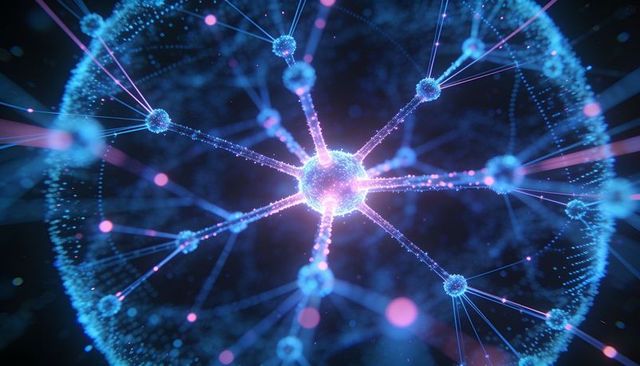 Radiating neon network hub connecting glowing nodes in futuristic cyberspace