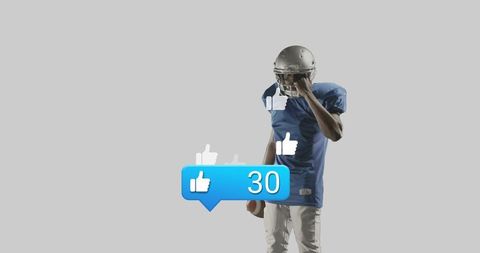 Football player adjusting helmet with social media likes counter overlay