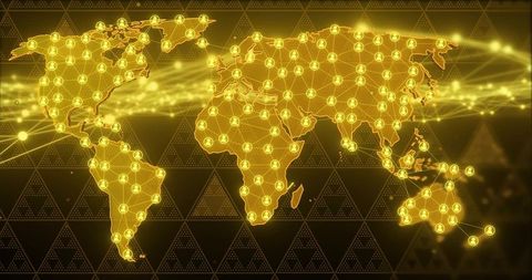 Golden Global Network Map with Connected User Nodes and Futuristic Data Flow Visualization