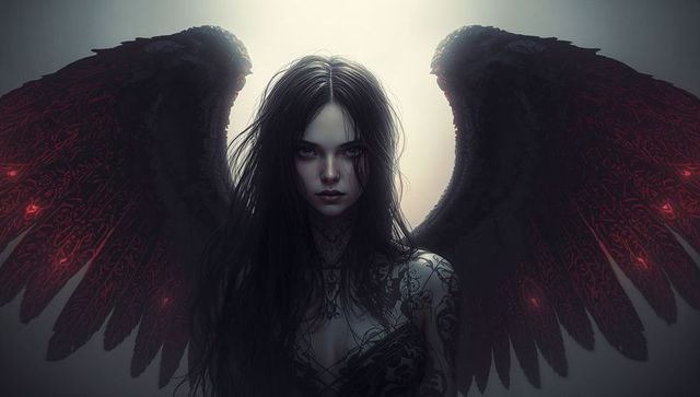 Mystical gothic woman with black wings and glowing red veins
