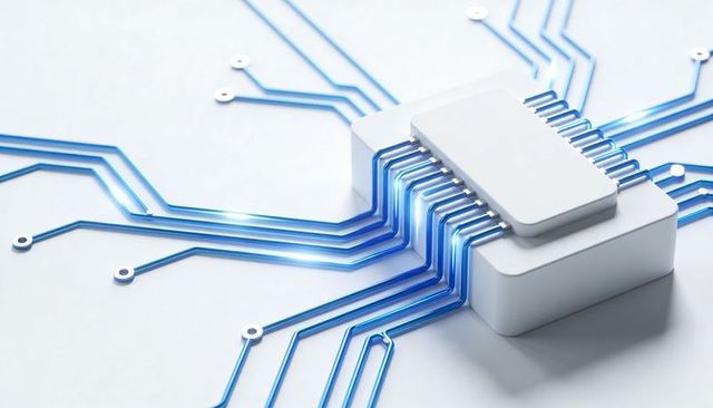 Connecting blue circuit traces on stacked white ic package, modern electronics concept