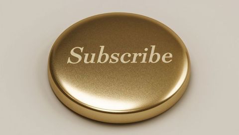 Shining gold subscribe button close-up, glossy round call to action on neutral backdrop