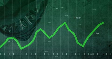 Digital green line on grid with financial data and graphic spiral overlay