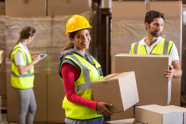 Warehouse workers are handling cardboard boxes and using a tablet for inventory management. They are wearing safety vests and hard hats, ensuring a safe working environment. This image can be used for topics related to logistics, shipping, teamwork, and industrial work environments.