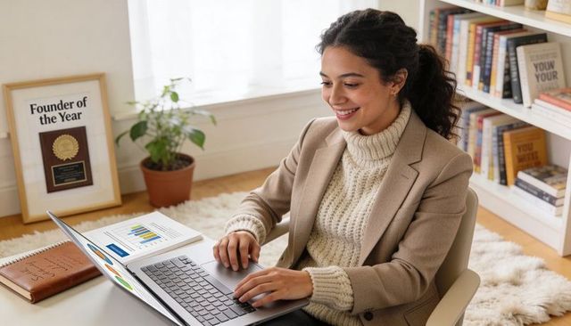 Smiling entrepreneur working from home with laptop and charts in minimalist home office