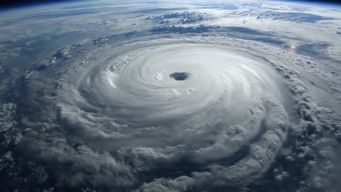Orbiting Satellite Capturing Massive Rotating Hurricane with Clear Eye and Sun Glint