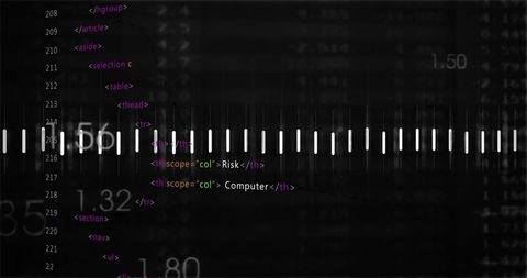 Dark tech dashboard showing waveform band with HTML code overlay and numeric data overlays