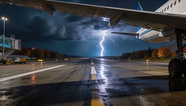 Commercial jet wing over wet runway with lightning strike at night on airport apron and reflections
