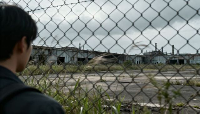 Man standing behind chain link fence observing rusted abandoned factory under overcast sky