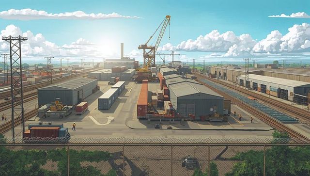 Operating intermodal rail terminal with gantry crane and crew moving containers at yard