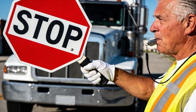 Senior traffic flagger holding stop sign and whistle directing semi truck on roadway