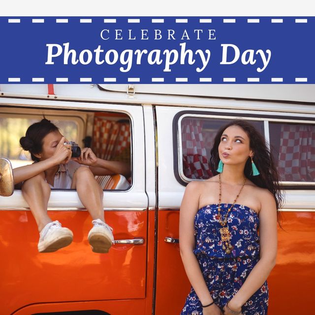 Two women celebrating Photography Day, engaging in playful photo shoot by a vintage orange van. One is capturing the moment with a camera while interacting with her friend, who is posing thoughtfully. Ideal for use in themes related to travel, friendship, creative pursuits, celebrations, and diversity.