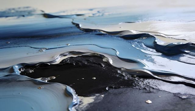 Metallic blue impasto paint ribbons flowing over dark canvas with silver flakes, macro