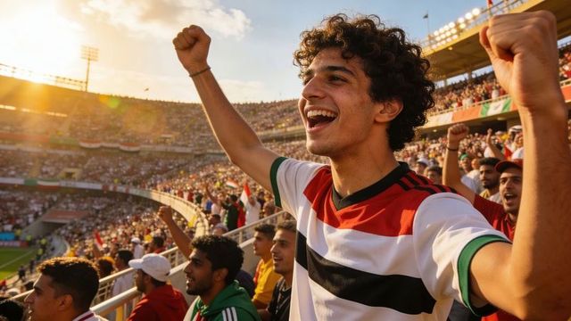 Young male fan cheering and raising fists in packed stadium at golden hour celebration