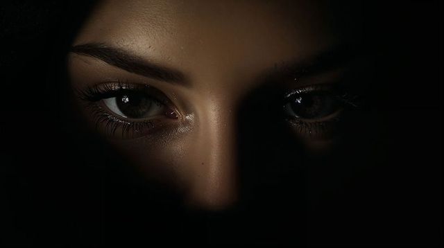 Low-Key Close-Up of Adult Female Eyes Peering Through Darkness, Conveying Intense Mystery