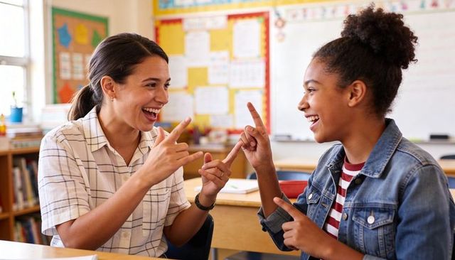 Teacher and student sharing joyful learning with finger counting in bright classroom