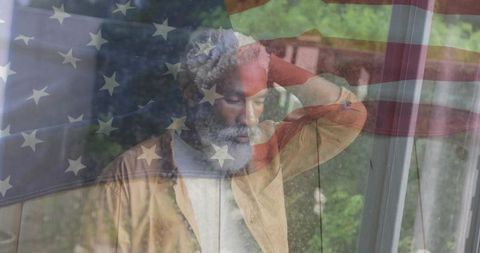 Contemplative senior man reflecting through flag overlay, patriotism, concern and resilience