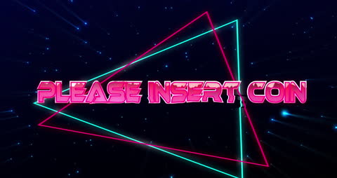 Retro Futuristic 'Please Insert Coin' Graphic with Neon Lights